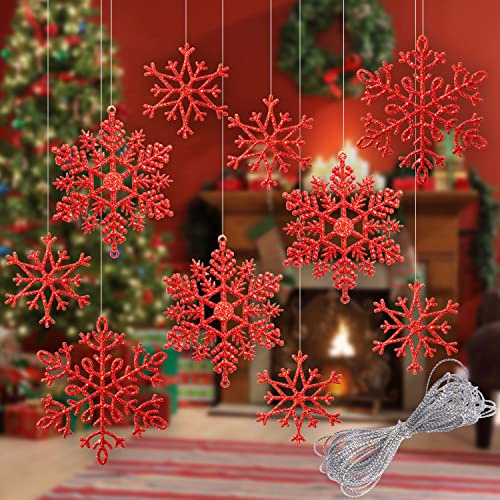Whaline 40pcs White Glitter Snowflake Winter Snowflake Ornaments Christmas Hanging Decorations with 197 Inches Silver Rope for Wedding Birthday Home