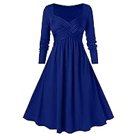 Womens Vintage Steampunk Gothic Dress A-line Long Sleeve Solid Color 1950's Rockabilly Cocktail Party Swing Dresses