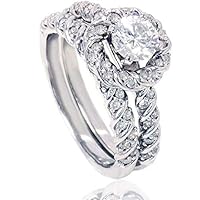 1.45 CT Round Diamond Halo & Solitaire Wedding Engagement Ring Set 14K White Gold Over