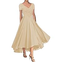 Mother of The Bride Dress for Wedding Tea Length Chiffon Prom Formal Party Gown for Women Short Sleeves