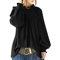 Women Solid Color Causal Vintage Top Loose Tee Button Oversize Shirt Pullover Swing Tunic Puff Sleeve