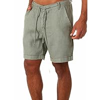 Shorts for Mens Effortless Cotton Linen Solid Colour Stretch Waist Drawstring Casual Outdoor Trousers (Color : Green, Size : Small)