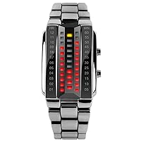 Unisex Binary Watch Red Yellow LED Light Square Silver Stainless Steel Digital Wrist Watches for Men and Women