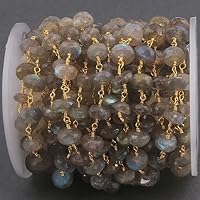 3 Feet Labradorite 6mm Rondelles Rosary Style Chain 24k Gold Plated Wire Wrapped Beaded Chain