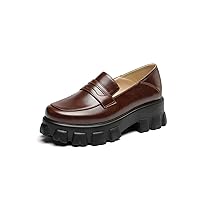 Women Platform Penny Slip On Dress Oxfords Chunky Mid Heel Sneakers Thick Sole Leather Loafer Shoes