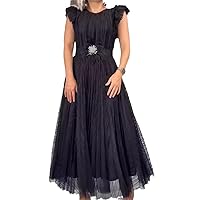 2024 Summer Fashion Flying Sleeves Round Neck Waist Pleated Dress, Lace Maxi Dress for Women