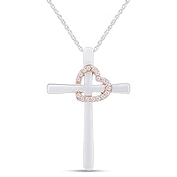 Round Cut White Natural Diamond Accent Two Tone Cross With Tilted Heart Outline Pendant Necklace Jewelry for Women In 14K Gold Over Sterling Silver Along With 18