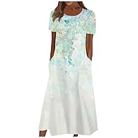 Spring Dresses for Women 2024 Vacation Babydoll Short Sleeve Midi Dress Boho Floral Crewneck Sundress with Pocket