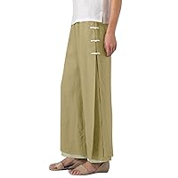 Women's Color Block Buckle Wide Leg Capri Pants Cotton Linen Double Layer Cropped Womens Plus Size Casual Dress