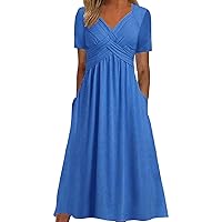Women Junior Dresses Short Sleeve Casual Loose Long Dress with Pockets