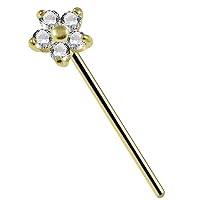 14K Solid Yellow Gold Cz Stone Flower 22 Gauge Long Straight Nose Stud Nose Pin Body Piercing Jewelry