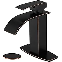 BESy Bronze Waterfall Spout Bathroom Faucet, Single Handle Bathroom Sink Faucet with Pop-up Drain, Rv Vanity Faucet with Deck Plate & cUPC Supply Hoses, Oil Rubbed Bronze, 1 or 3 Hole