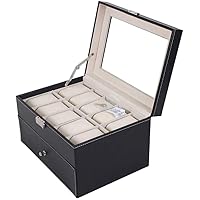 Watch Box 20 Slots 2 Layers Jewellery Watches Display Lockable Glass Lid Storage Box With Jewelry Drawer Black PU Leather Watch Organizer Collection