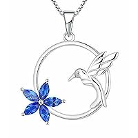 Marquise Cut Blue Sapphire 925 Sterling Silver 14K White Gold Over Diamond Flower Hummingbird Pendant Necklace