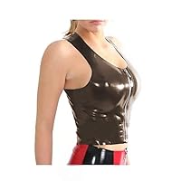 Plus Size Front Zipper Sleeveless Crop Top Ladies PVC Wetlook Dancing Tank Top (Dark Brown,S)