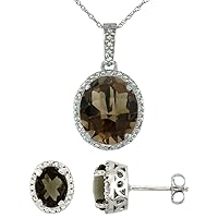 10K White Gold Diamond Halo Natural Smoky Topaz Earrings Necklace Set Oval 7x5mm & 12x10mm, 18 inch