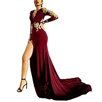 VeraQueen Women's Sexy Deep V Neck High Slit Mermaid Evening Dresses Long Sleeves Formal Prom Party Gowns Arabic