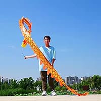 Juggling Play Golden Scales Dragon Flag Poi with Fiberglass Handstick, Flowy Flinging Outdoor Dance Ribbon with Rod for Fitness Party Stage Performance Prop Set (9.8 Ft, Golden Scale Dragon)