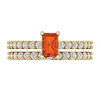 Clara Pucci 1.51 ct Emerald Cut Solitaire Genuine Red Simulated Diamond Designer Art Deco Statement Wedding Ring Band Set 18K Yellow Gold