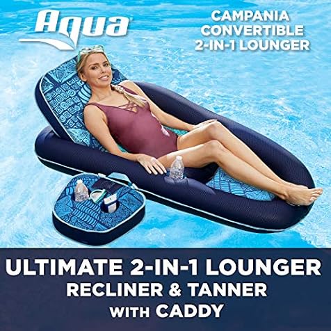 Aqua Campania Convertible 2 in 1 Recliner & Tanner Lounge with Adjustable Backrest and Caddy, Inflatable Pool Float, Navy
