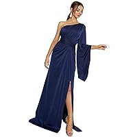 Womens Fall Fashion 2022 One Shoulder Bell Sleeve Split Thigh Dress (Color : Navy Blue, Size : Small)