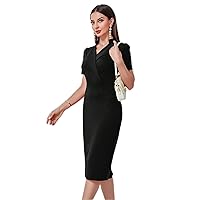 Solid Surplice Neck Dress - Elegant Short Sleeve Puff Sleeve Knee Length Fitted Dress