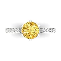 1.93ct Round Cut Solitaire Canary Yellow Simulated Diamond designer Modern Statement with accent Ring Real 14k White Gold