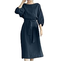 Maxi Cocktail for Ladies Spring 3/4 Sleeve Modern Work Lightweight Cocktail Solid Cotton Wrap Boat Neck Loose Fit Cocktail Female Navy