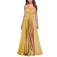 V-Neck Satin Bridesmaid Dresses 2024 with Side Slit Spaghetti Strap Formal Evening Gowns Pleated Prom Dress