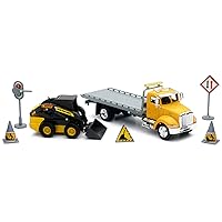 Peterbilt Roll-Off Flatbed Truck Yellow and New Holland L228 Skid Steer Yellow with Road Signs New Holland Construction Series 1/43 Diecast Model by New Ray 16173