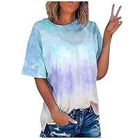 Womens Summer Tops Fashion Tie Dye Printed Graphic Tees Short Sleeve Shirt V Neck T Shirts Casual Loose Fit Blouses