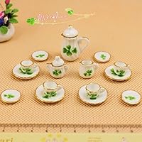 1/12 Dollhouse Miniatures Tea Coffee Set Pot Cup Doll House Porcelain Set; Green Leaf; Pot H: 1 1/3