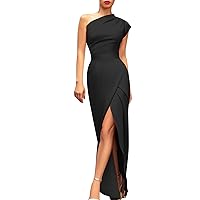 Women's 2024 Satin Dress One Shoulder Long Sleeve Cocktail Dress High Slit Ruched Bodycon Wedding Guest Maxi Dresses