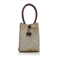 Hand-woven Mini Retro Straw Handbag Bag Summer Beach Boho Rattan Tote Travel Bag with Wood Beaded Tassel Pendant