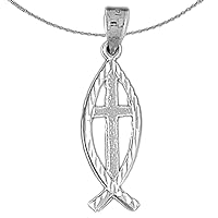 Silver Christian Fish With Cross Necklace | Rhodium-plated 925 Silver Christian Fish With Cross Pendant with 18