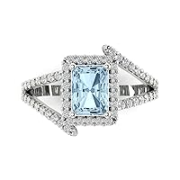 2.07ct Emerald Cut Solitaire accent Halo Criss Cross Aquamarine Blue Simulated Diamond designer Modern Ring 14k White Gold