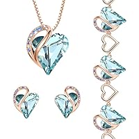 Leafael Infinity Love Crystal Heart Bundle Jewelry Set with Topaz Light Blue Healing Stone Crystal for Clear Mind Gifts for Women Necklace Earrings Bracelet, 18K Rose Gold Plated