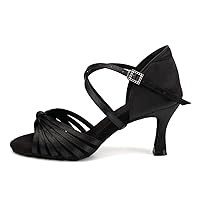 Women's Latin Dance Shoes Black Satin Open Toe 2 inch Heel Ballroom Salsa Dance Practice Shoes Suede Sole