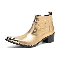 Men Gold Ankle Boots Inner Zipper Pull Tap Metal Pointed Toe High Chunky Heel Patent Snake Skin Premium Genuine Leather