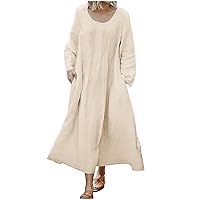Dress for Women 2024 Summer Cotton Linen Dresses Loose Casual Long Sleeve Pleated Beach Vacation Maxi Dress with Pockets
