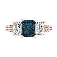 4.36 ct Emerald Round Cut Solitaire 3 stone Accent Natural London Blue Topaz Anniversary Promise Bridal ring 18K Rose Gold