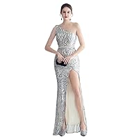 Elegant Women Wedding Events Bridesmaid Evening Dresses Sequin One Shoulder Silk Satin Elastic