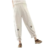 Women's Cotton Linen Pants Elastic High Waist Casual Lace Embroidered Ruffle Hem Tapered Cropped Trousers with Pockets
