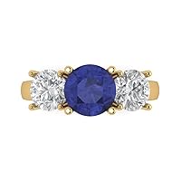 Clara Pucci 3.3 Round Cut Solitaire 3 stone Stunning Genuine Simulated Blue Tanzanite Modern Promise Statement Ring 14k Yellow Gold