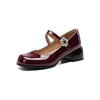 Women's Round Toe Low Chunky Heel Mary Janes with Rhinestones Buckle Strap Patent Leather Block Heels Comfort Dress Mary Jane Shoes Vintage Daily Dating Work Pumps