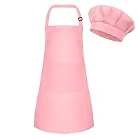 Kids Apron and Chef Hat Set Adjustable Child Art Aprons with 2 Pockets Toddler Chef Hat and Apron for Cooking Baking Painting (Pink)