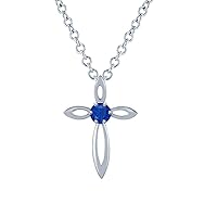 Round Cut 14K Gold Over Sterling Silver Blue Sapphire Center Tapered Petal Cross Slider Pendant Necklace for Womens.