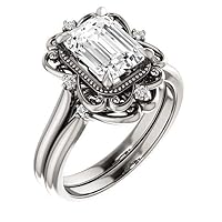 JEWELERYN 4 CT Emerald Cut VVS1 Colorless Moissanite Engagement Ring Set, Wedding/Bridal Ring Set, Sterling Silver Vintage Antique Anniversary Promise Ring Set Gift for Her