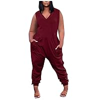 Jumpsuits For Women Dressy Women's Casual Solid Color Sleeveless Plus Size Jumpsuit With Pockets
