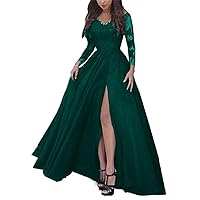 Women's High Split Long Sleeves Formal Evening Dress Lace Appliques Backless Prom Ball Gown Emerald